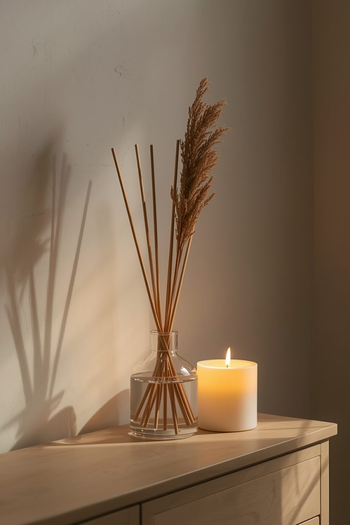 Minimal console table with a reed diffuser and one dried stem, softly lit by candlelight for a warm and intentional still life scene