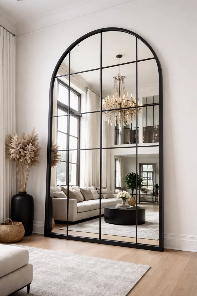 Large modern wall art for living room using a massive arched window-pane mirror to reflect light and create a focal point.