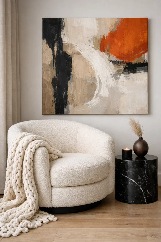Modern family room furniture ideas showcasing a white boucle swivel chair, marble side table, and layered cozy textures.