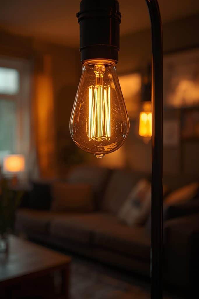 Warm amber Edison bulb glowing inside a floor lamp with a softly blurred cozy living room in the background, creating a rich and intimate atmosphere