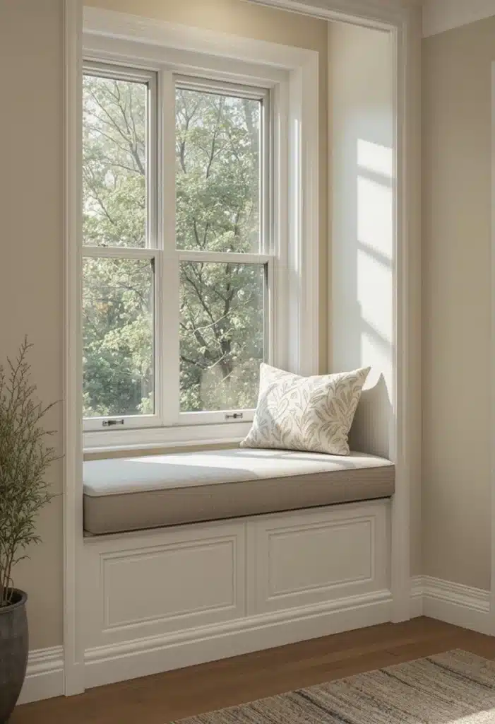 Built-in window seat with a cushion and hidden storage below, placed in a cozy small living room corner with warm natural lighting