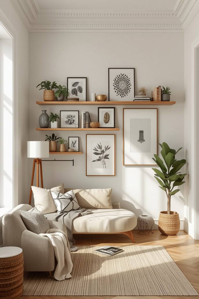 Vertical arrangement of wall shelves and artwork in a small living room, guiding the eye upward and making the space feel taller under warm natural light