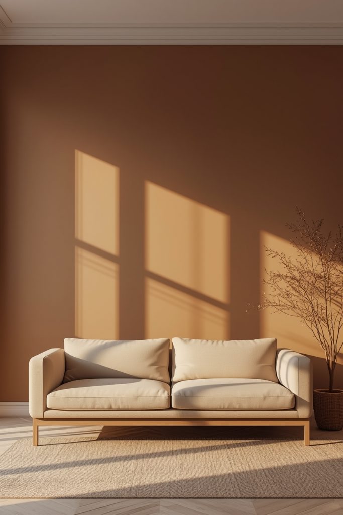 Mocha sand living room wall with sofa in warm evening light creating a cozy contemporary space