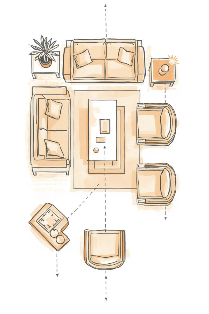 Top-down sketch of a living room showing sofa, chairs, and rug placement with clearly marked walking paths in a warm-toned diagram style