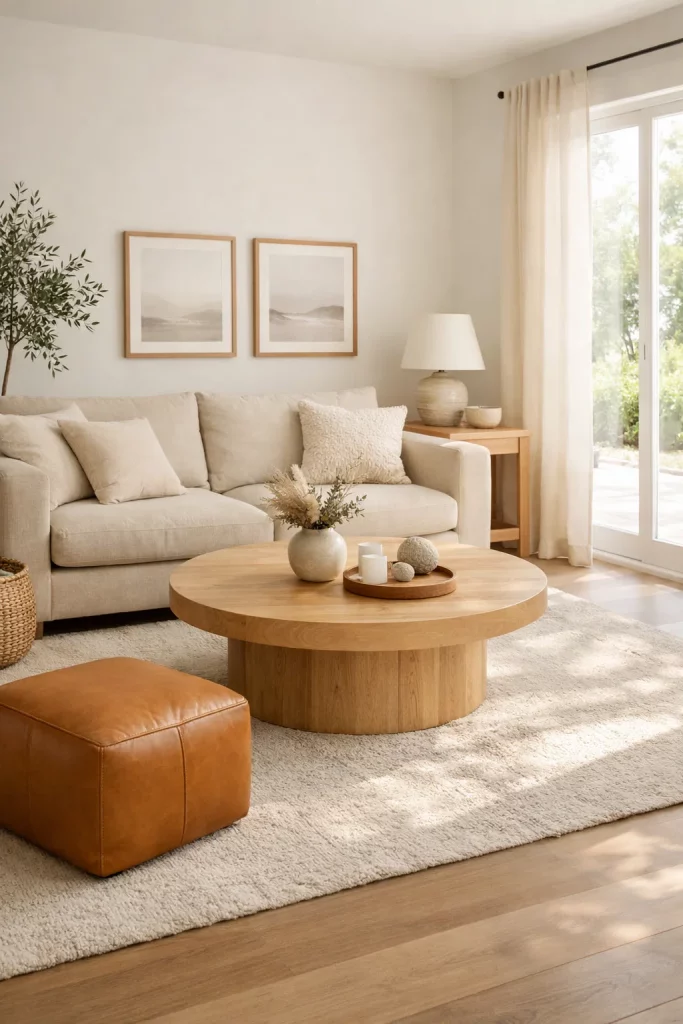 Simple family room furniture ideas with neutral linen seating, light oak wood accents, and natural sunlit interior design.