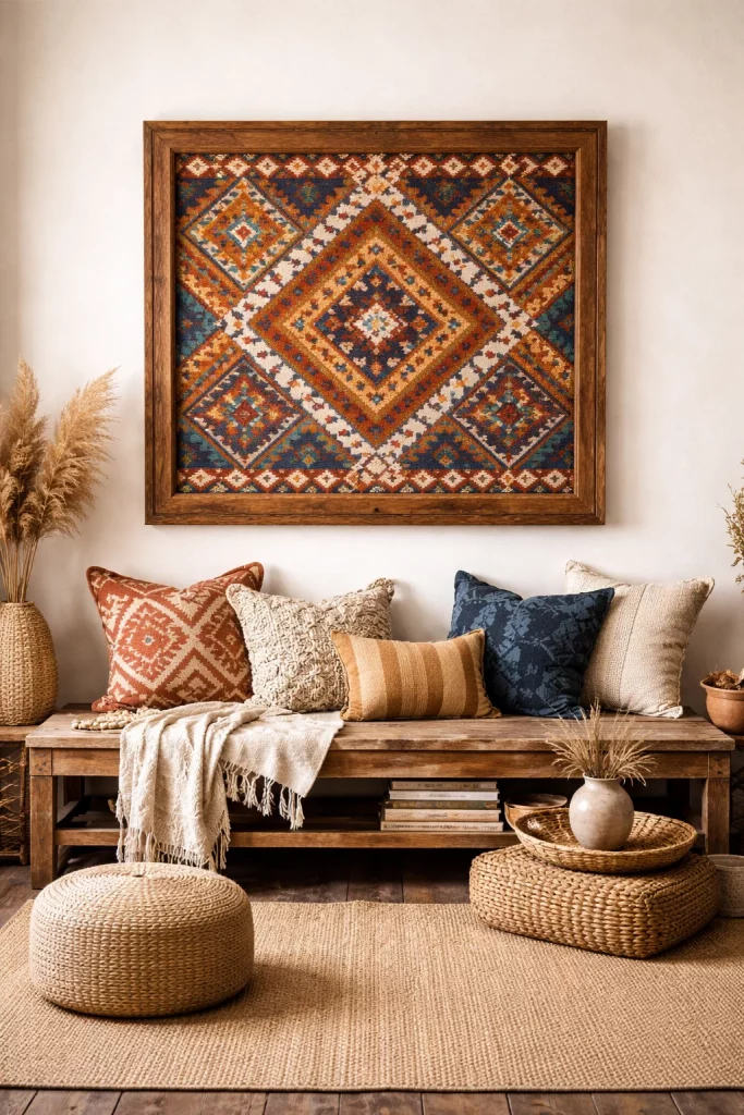 Unique wall art ideas for living room featuring a framed vintage hand-woven tribal textile with geometric patterns in terracotta.