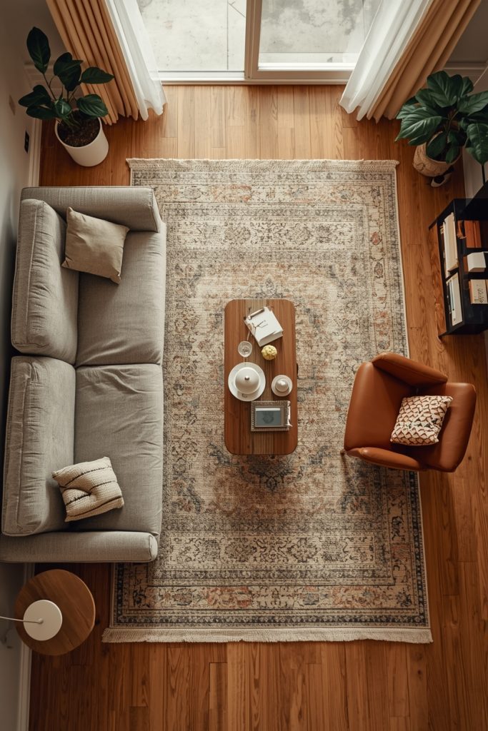 Top-down view of a living room where the sofa, coffee table, and chair are partially placed on an area rug, creating a cohesive and grounded layout in warm light