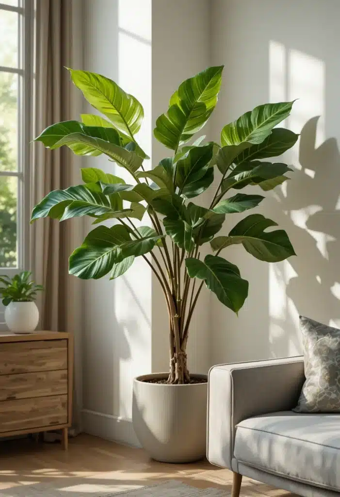 Fiddle leaf fig in matte pot in modern living room corner with soft morning light