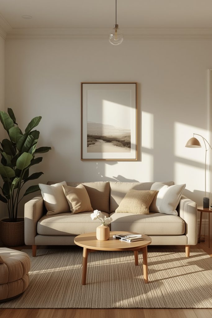 Compact living room with artwork above the sofa as the main focal point, surrounded by minimal decor and warm afternoon lighting for a calm, uncluttered feel