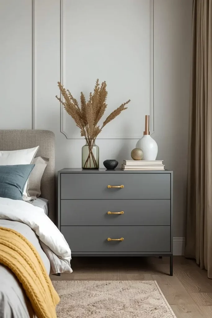 grey dresser with yellow handles in bedroom