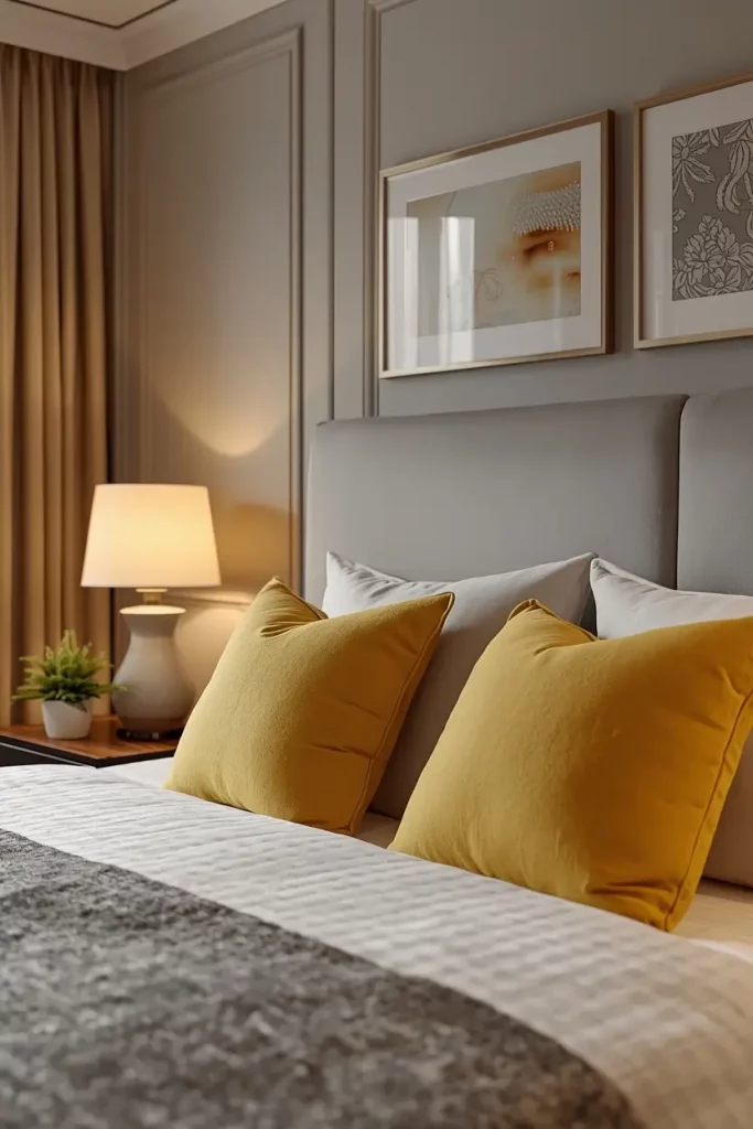grey headboard with yellow pillows in cozy bedroom