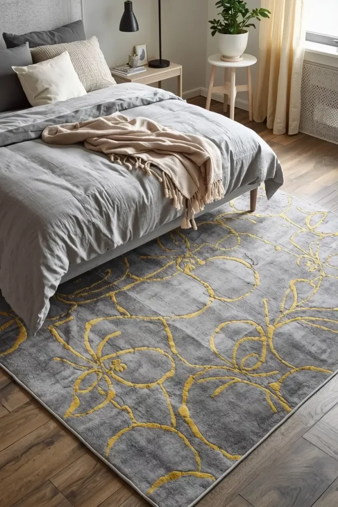 grey rug with yellow accents in stylish bedroom