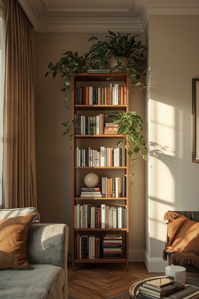 Narrow bookcase in a small living room corner, stacked with books and plants up to the ceiling, lit by warm natural light