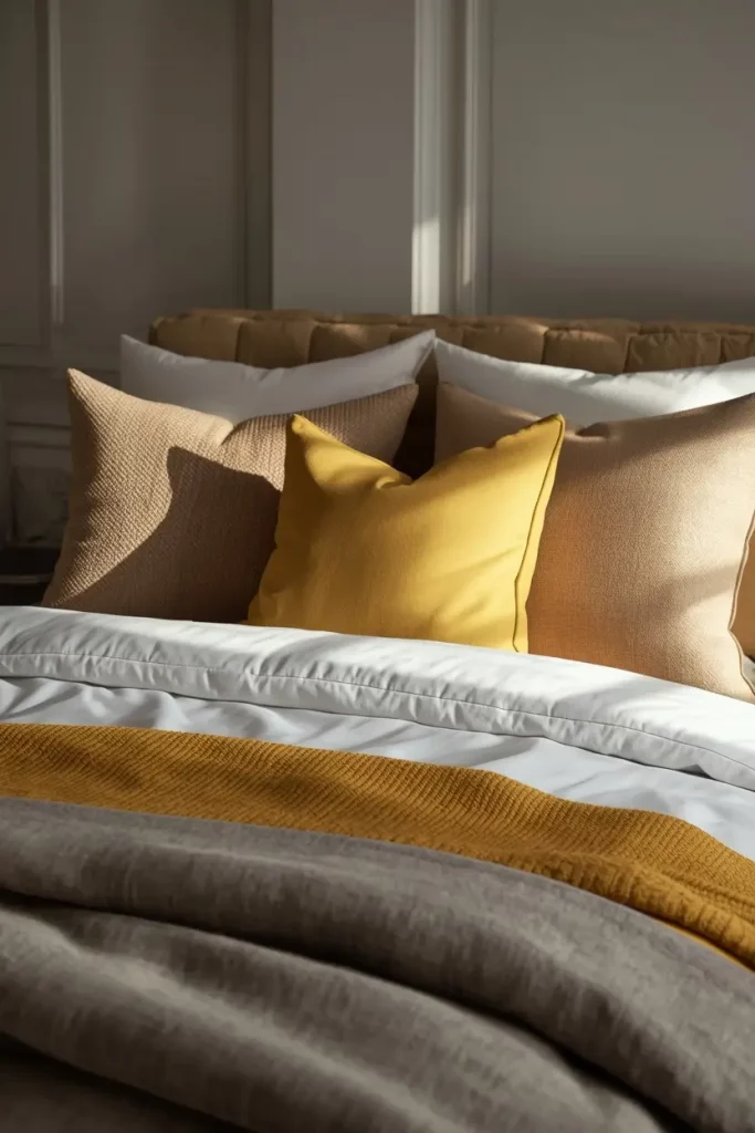 layered yellow and grey cushions on bed