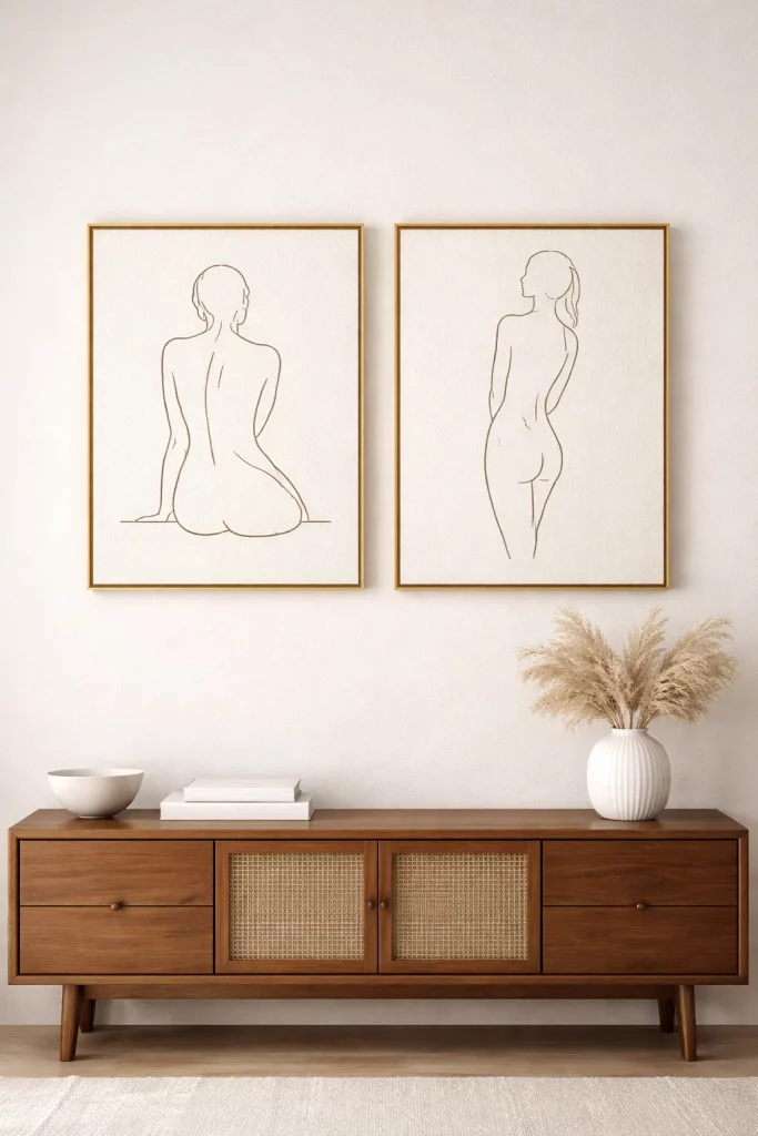 Wall art for living room modern style featuring two side-by-side gold framed continuous line drawings of silhouettes.
