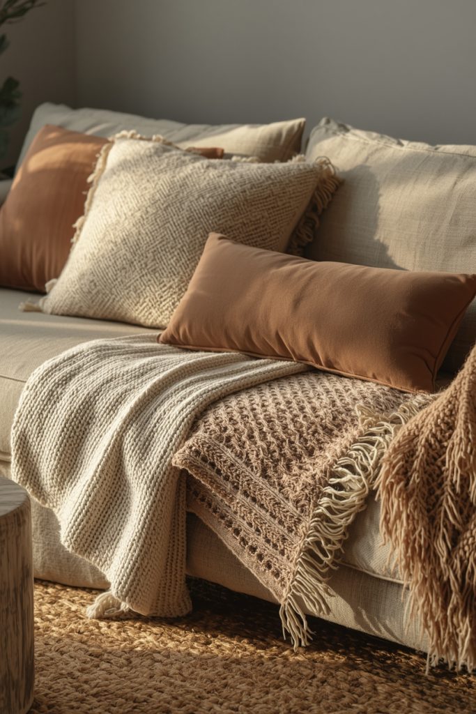 Modern sofa with linen, boucle, cotton, and velvet textures in warm cozy layered styling