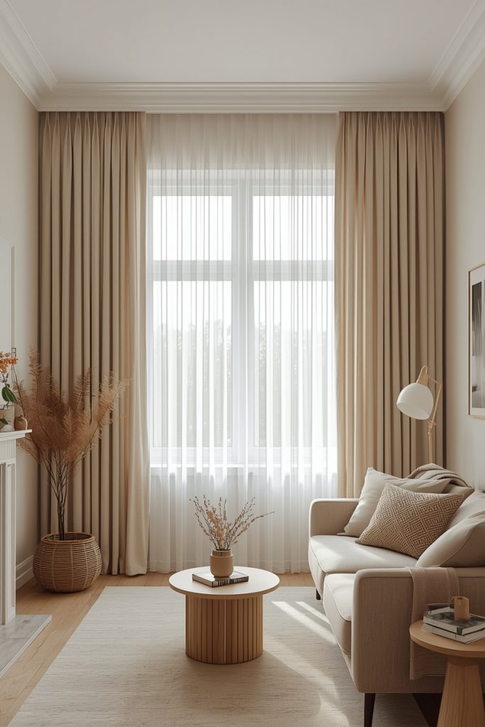 Long curtains mounted near the ceiling elongate a small window, giving the living room a taller and more elegant appearance in soft natural light
