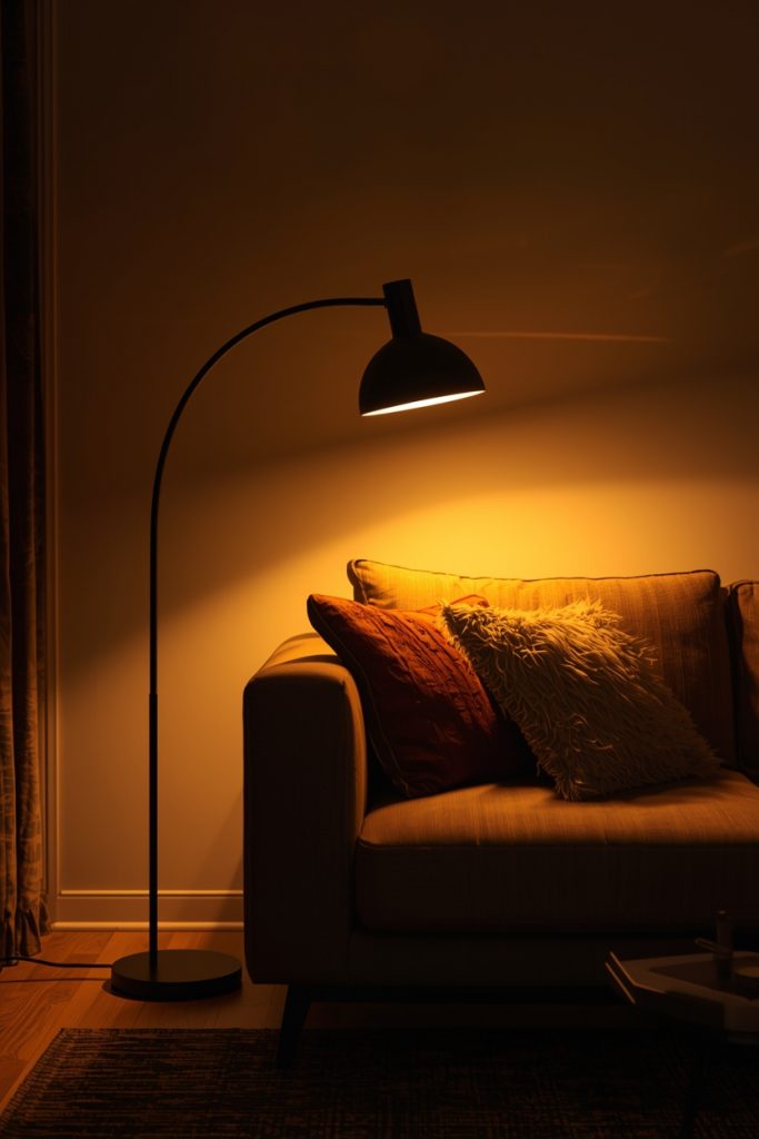 Arc floor lamp placed behind a sofa end, creating a warm pool of light and a cozy golden evening ambiance in a modern living room