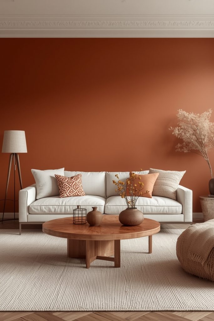 Sofa set against a warm terracotta accent wall with the rest of the room in neutral tones, creating a strong yet balanced contrast