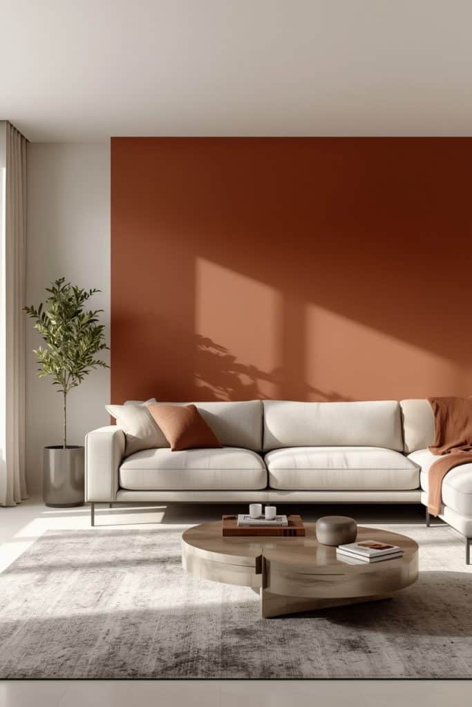 Deep warm accent wall behind sofa with light neutral room creating bold modern contrast