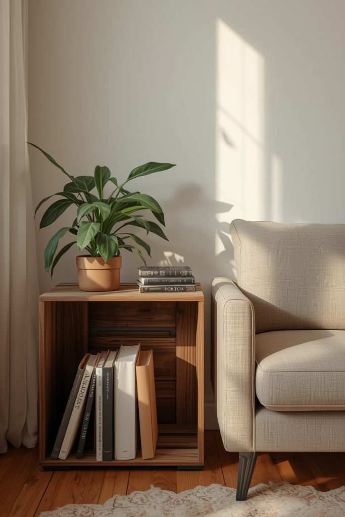 Minimal bookshelf or crate next to a sofa with a few books and a single plant, arranged simply in warm natural light
