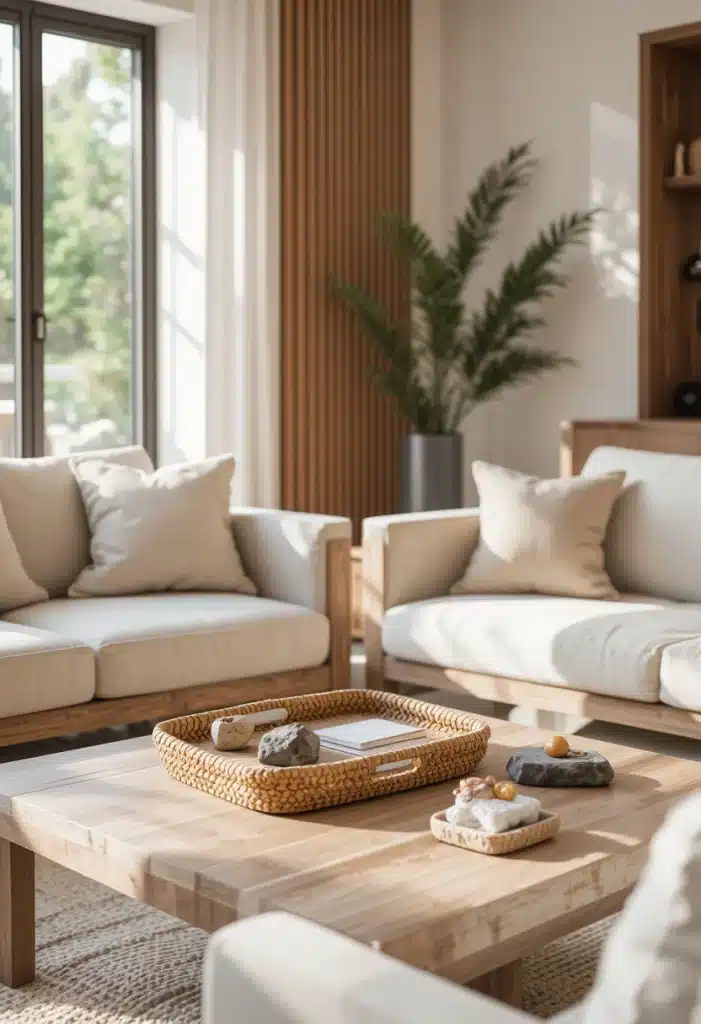 Oak furniture with linen cushions, rattan tray, and stone coaster in warm natural contemporary living room