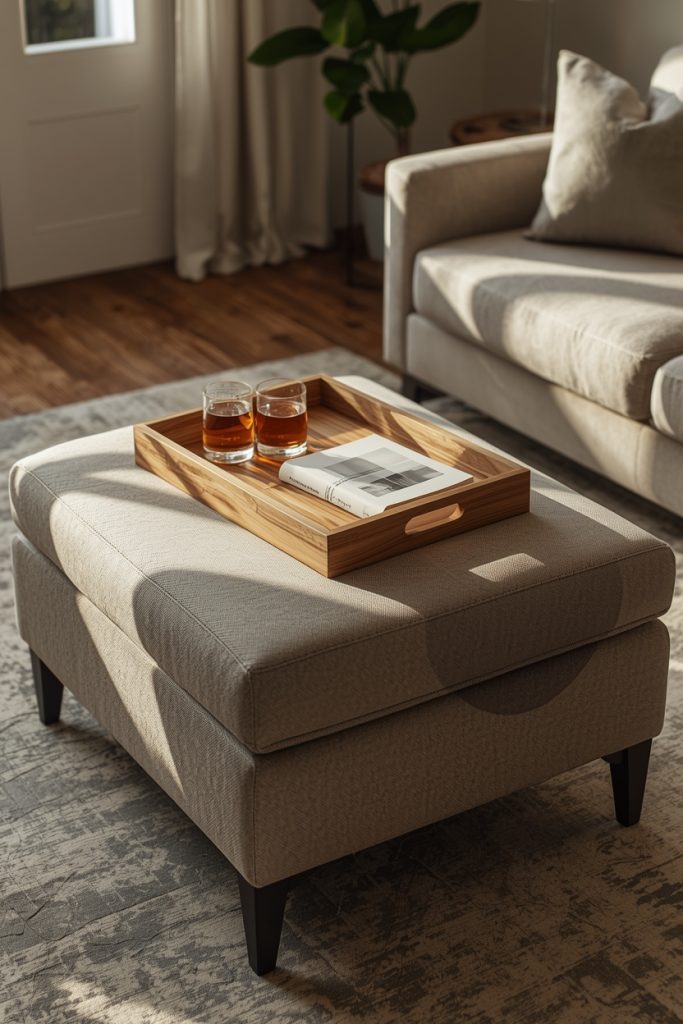 Storage ottoman functioning as a coffee table with a wooden tray holding drinks and a book, set in a warmly lit living room