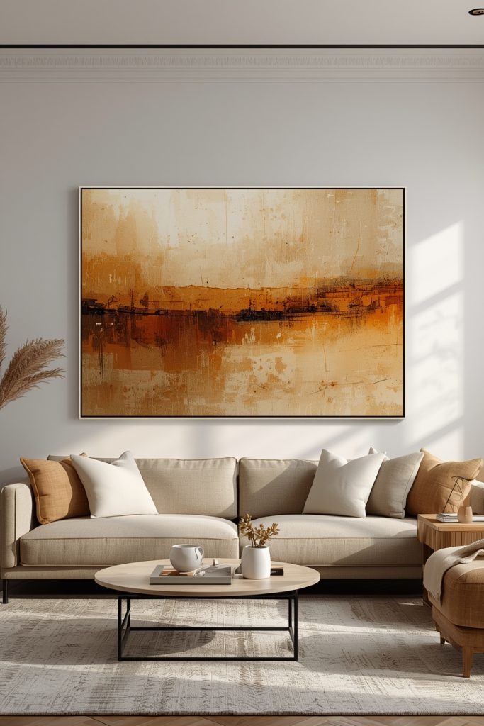 Oversized abstract canvas above sofa in warm tones creating bold contemporary living room focal point