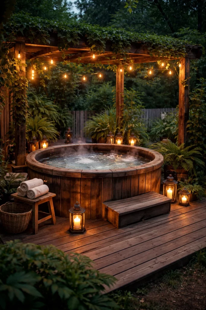 Rustic Wooden Deck Jacuzzi Setup
