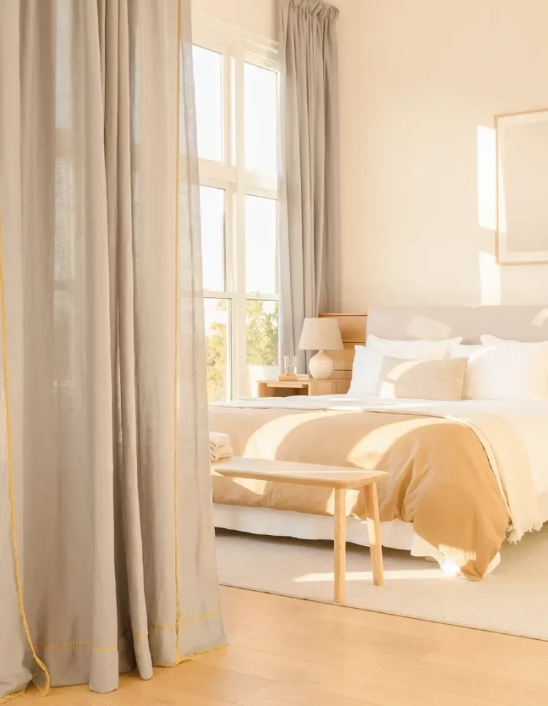 grey curtains with yellow trim in bright bedroom