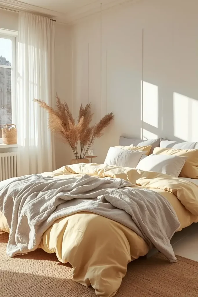 soft yellow bedding layered with grey blankets cozy bedroom