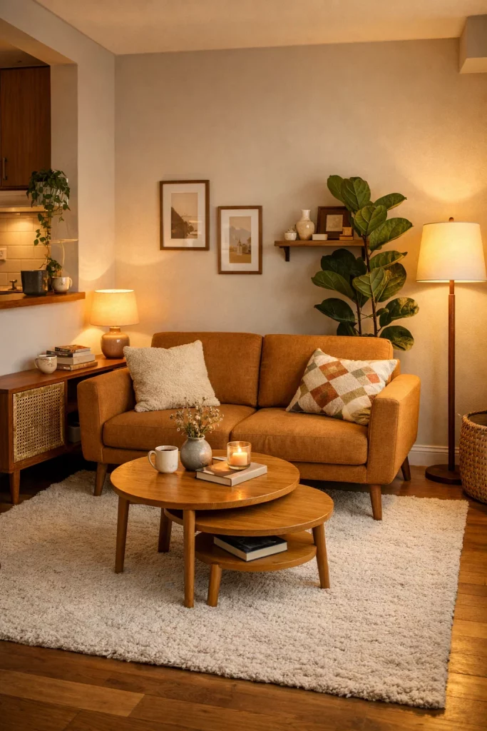 Small family room furniture ideas with mid-century modern loveseat and nesting tables for space-saving apartment decor.