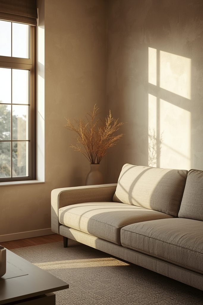 Sofa placed at a slight angle from the wall with a visible gap behind it, creating a deeper, more spacious look in a warmly lit living room