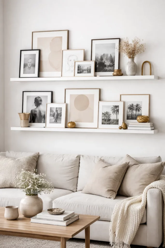 Wall pictures for living room ideas displayed on white floating picture ledges with layered frames of various sizes and black and white photography.
