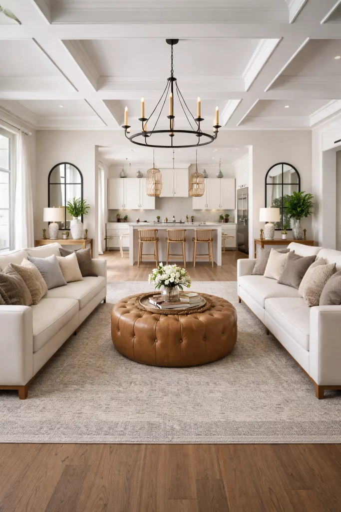 Large family room furniture layout with two facing sofas and a round leather ottoman for social seating and interaction.