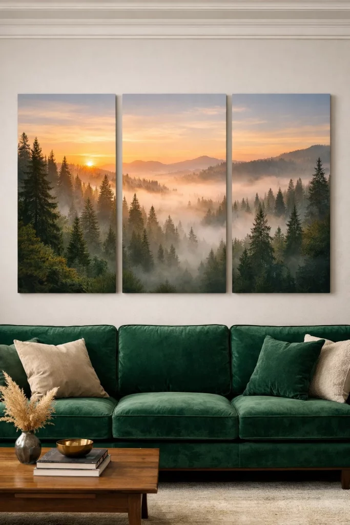 Large wall decor ideas living room featuring a three-panel panoramic triptych of a misty pine forest landscape at sunrise.