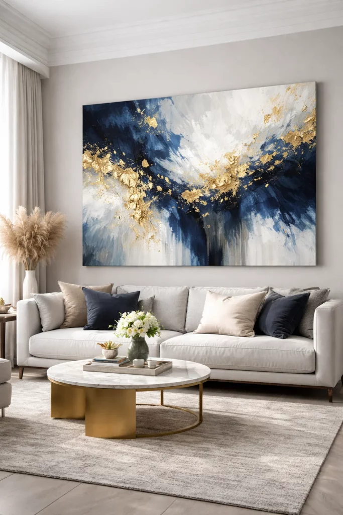 Large modern wall art for living room featuring a 60x40 navy and gold abstract canvas painting above a grey sectional sofa.