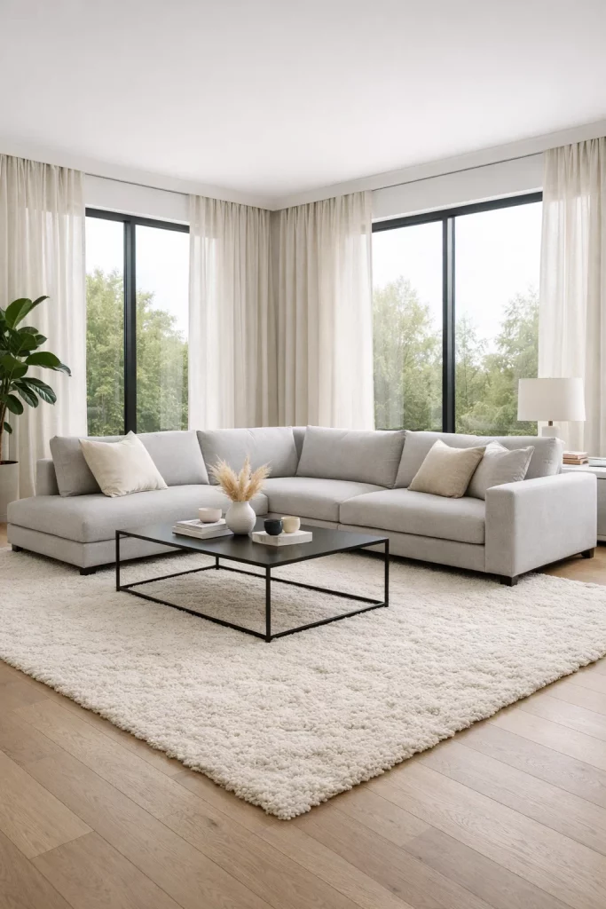 Modern family room furniture ideas featuring a grey minimalist sectional sofa and metal coffee table in a bright open-plan living space.
