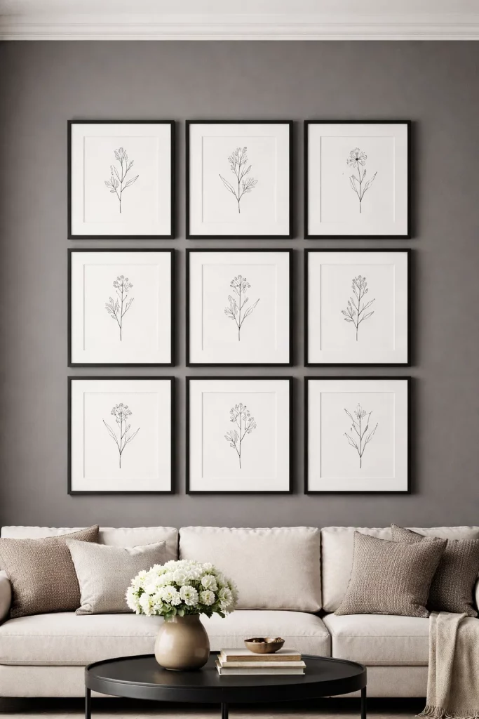 Wall pictures for living room ideas showing a 3x3 symmetrical grid gallery wall with black frames and minimalist botanical sketches.