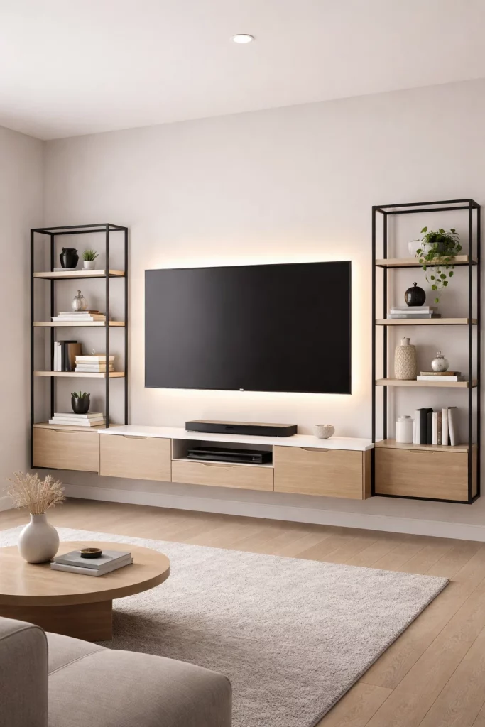 Family room ideas with TV mounted above a sleek white floating media console and minimalist wall shelving.