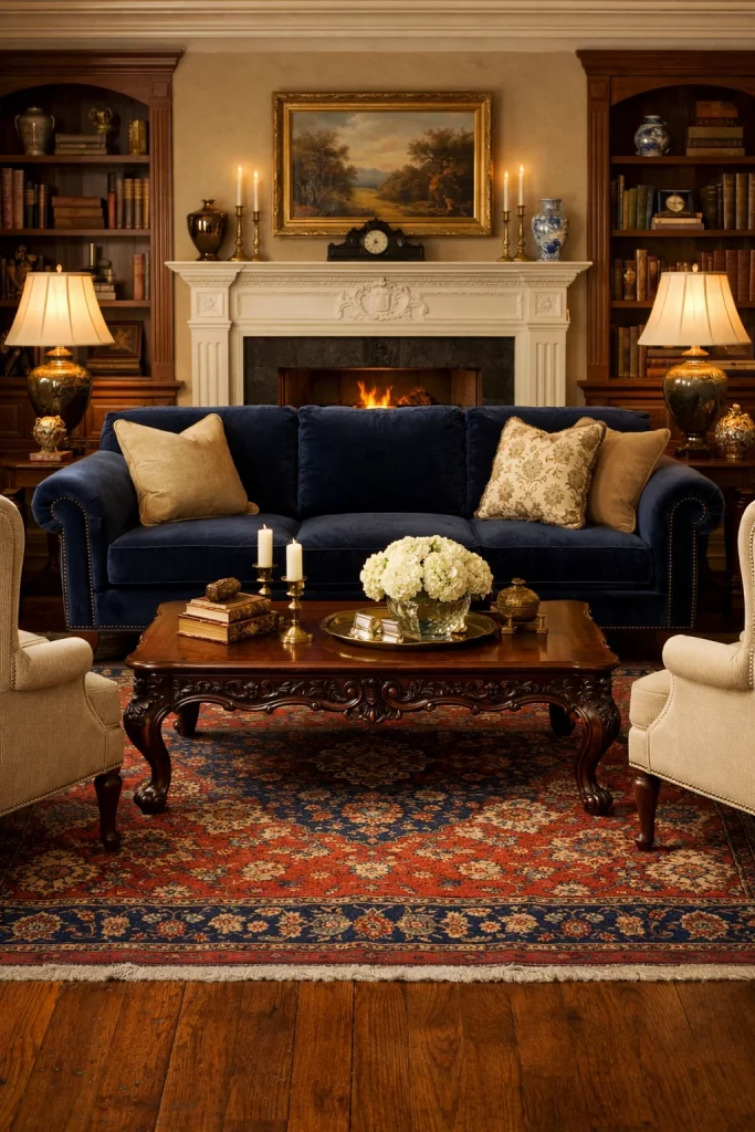 Family room decorating ideas traditional style with navy velvet sofa, wingback chairs, and a classic vintage area rug.