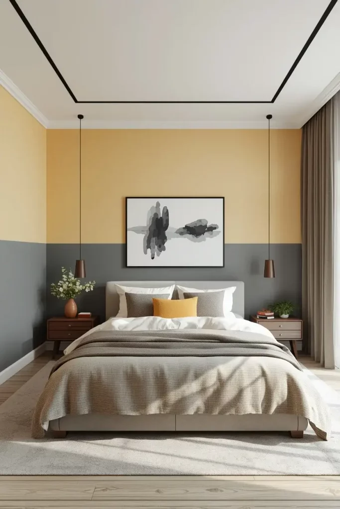 two tone yellow and grey bedroom walls modern design