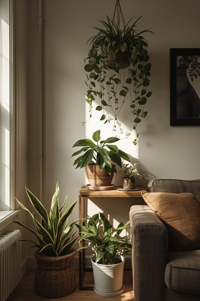 Indoor plants arranged at different heights with a snake plant on the floor, a plant on a shelf, and a hanging trailing plant, creating a layered natural look in soft light