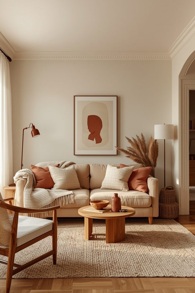 Full view of a small living room styled in cream, terracotta, and wood tones, creating a warm and cohesive atmosphere