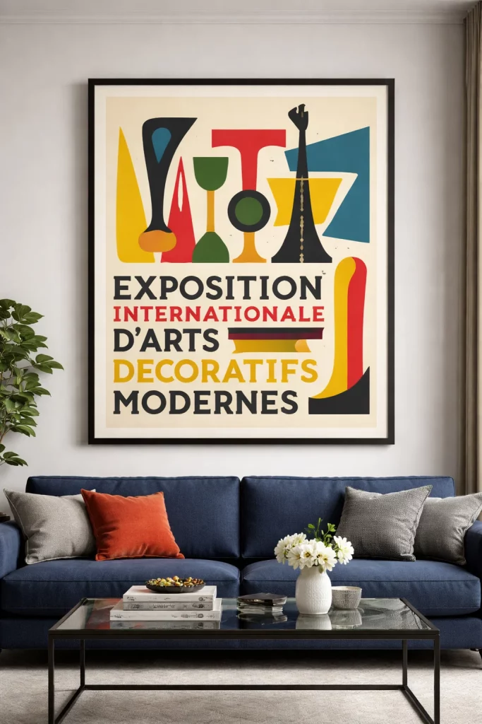 Modern wall art for living room featuring a large colorful vintage French exhibition poster in a sleek black frame with white matting.