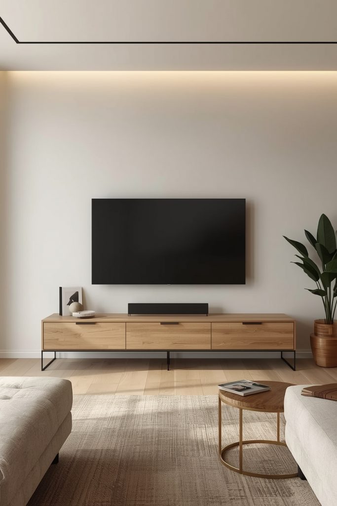 Wall-mounted TV positioned at eye level above a slim low unit, with visible floor space creating an open and uncluttered living room atmosphere in warm lighting