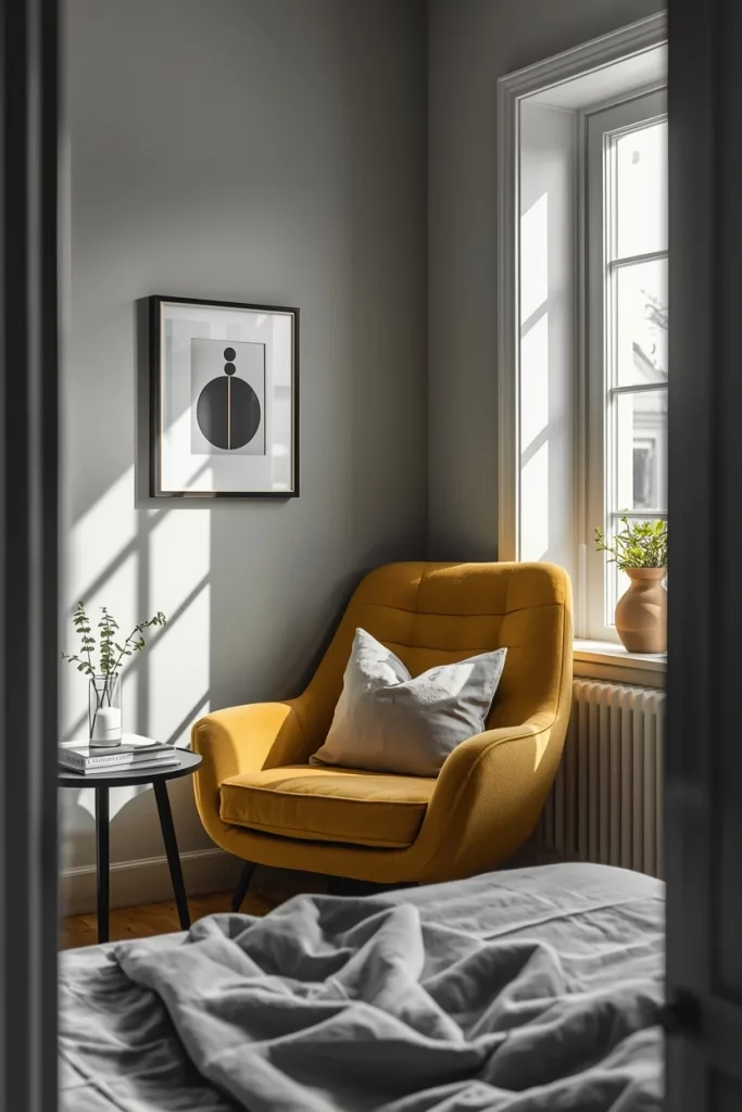 yellow accent chair in grey bedroom corner