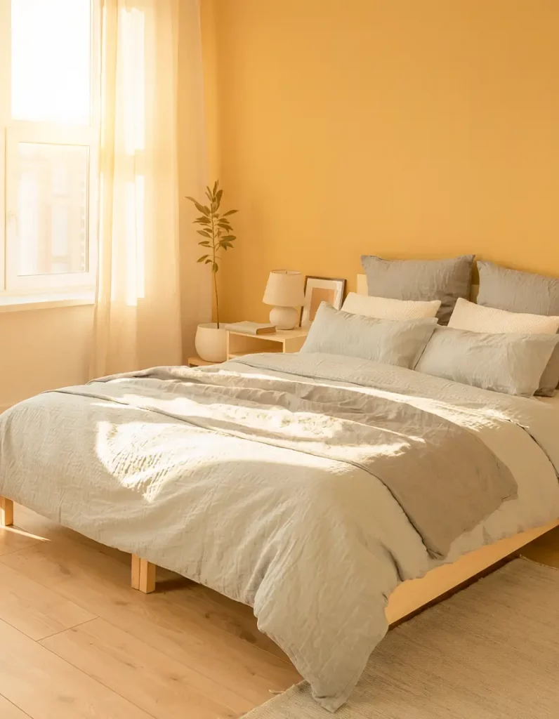 yellow accent wall with soft grey bedding in modern cozy bedroom