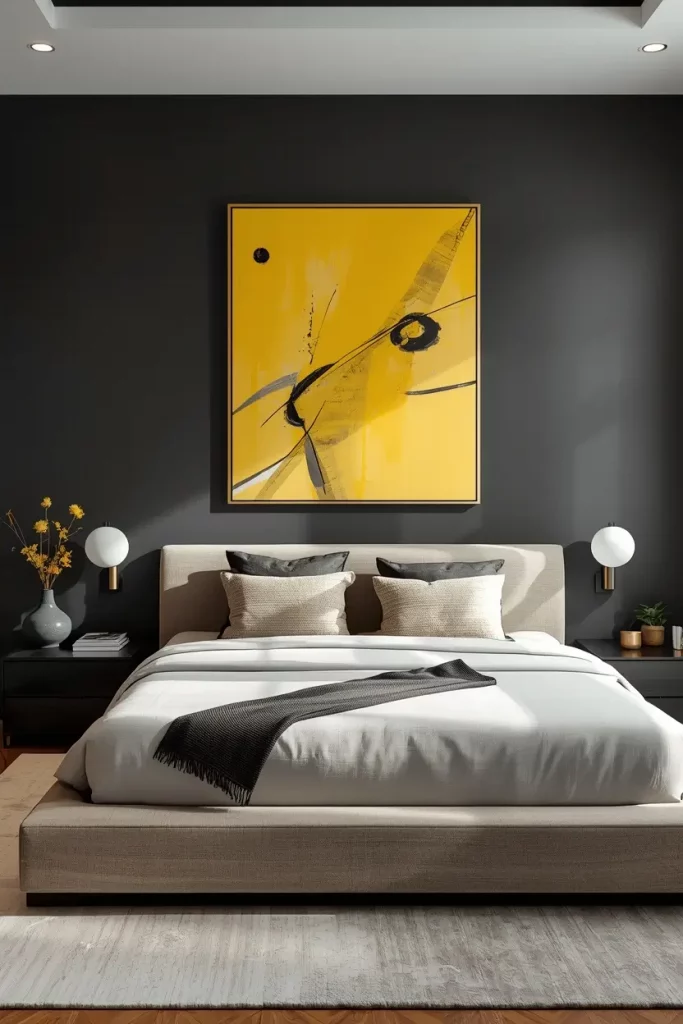 yellow artwork on grey wall in modern bedroom
