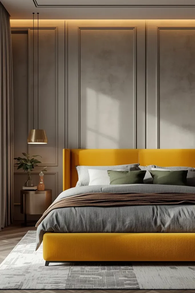 yellow upholstered bed frame in grey themed bedroom
